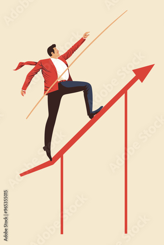 Ambitious Businessman Pole Vaulting Over Rising Graph, Conquering Economic Challenges