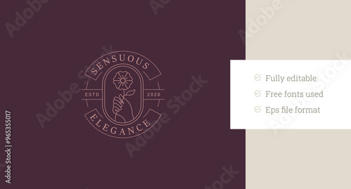 Beautiful natural flower in woman hand circle line art logo design template vector illustration. Organic blossom floral plant in female gentle arm minimalist linear logotype handmade cosmetic brand