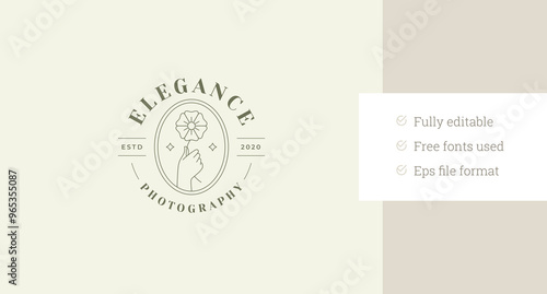 Hand with natural organic flower circle line art logo design template for cosmetologist vector illustration. Elegant arm holding floral botanical blossom minimalist linear logotype beautician clinic