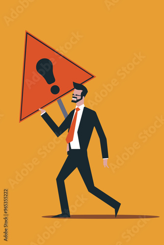 Businessman Carrying Giant Caution Sign with Exclamation Mark, Signaling Attention to Incident Management and Root Cause Analysis