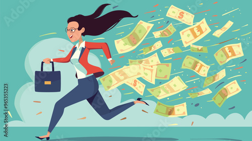 Businesswoman Sprinting with Oversized Briefcase Full of Money: Concept of Wealth Accumulation and Salary Boost