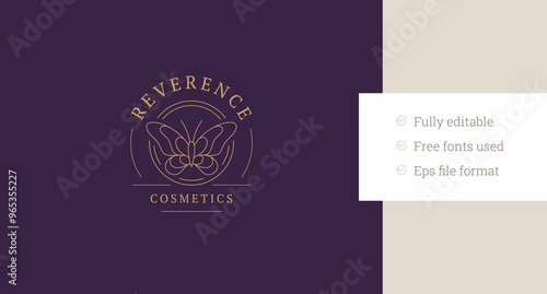 Elegant butterfly golden line art circle logo design template for beauty spa vector illustration. Gentle insect luxury linear logotype for relaxation wellness salon skin hair care brand shop