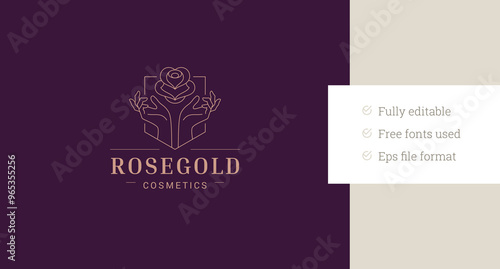 Beauty rose flower in hands line art logo design template for florist garden studio vector illustration. Elegant blossom floral in geometric frame linear logotype skincare spa wellness makeup artist