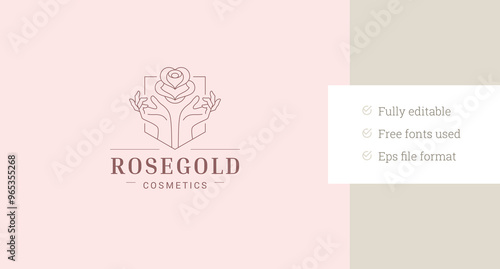 Hands with rose flower in geometric frame line art logo design template vector illustration. Elegant feminine blossom floral linear logotype for perfume yoga florist boutique skin care cream brand