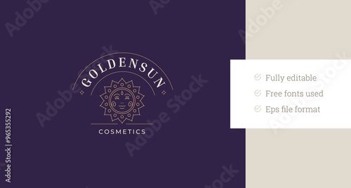 Mythology sun character luxury line art logo design template for wellness spa vector illustration. Mythic sacred sunny summer bright light linear logotype for makeup artist beauty salon cosmetology