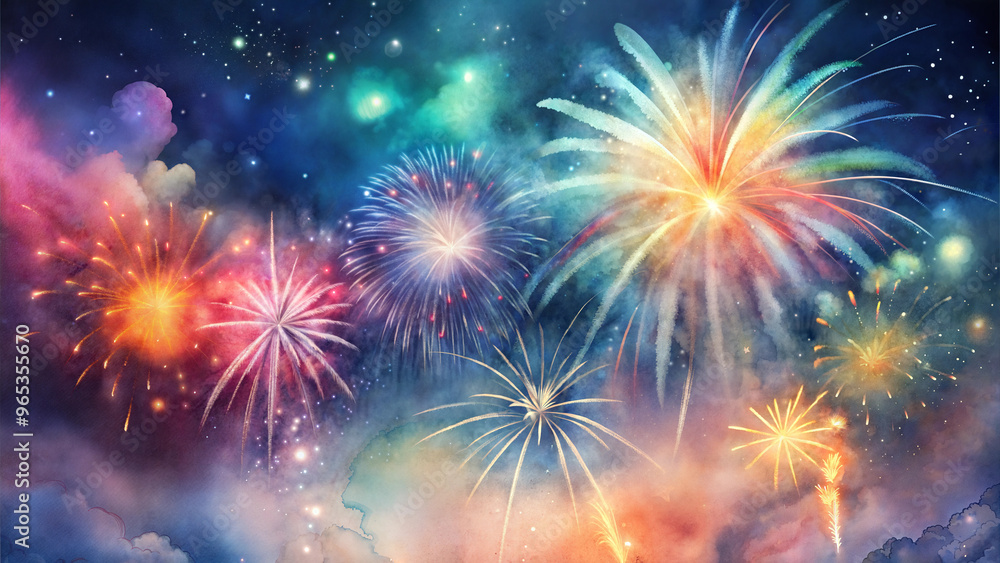 Fototapeta premium Colorful fireworks display in the night sky over a dark background