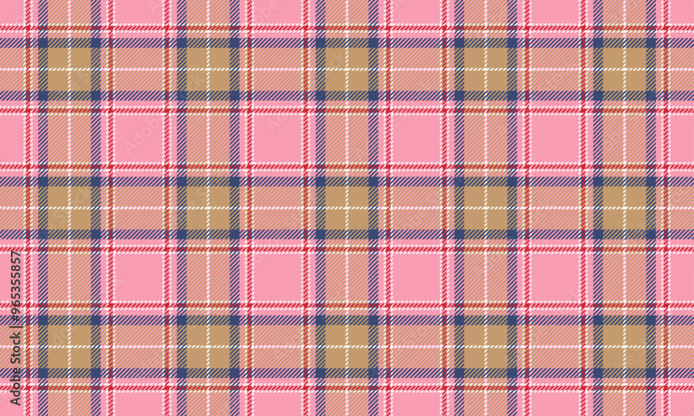 Fototapeta premium Plaid fabric pattern, pink, yellow, blue, red, seamless for textile and design clothes skirt pants apron tablecloth blanket or decoration. Vector illustration.