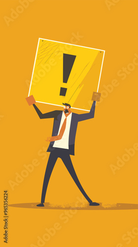 Businessman Carrying Giant Caution Sign with Exclamation Mark, Signaling Attention to Incident Management and Root Cause Analysis