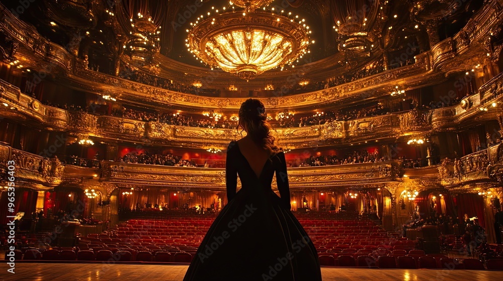 An opera singer standing in the spotlight on a grand stage, her elegant ...