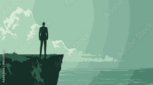 Ambitious Businessman Standing on Cliff Edge, Looking Towards Bright Future and New Opportunities in 2024