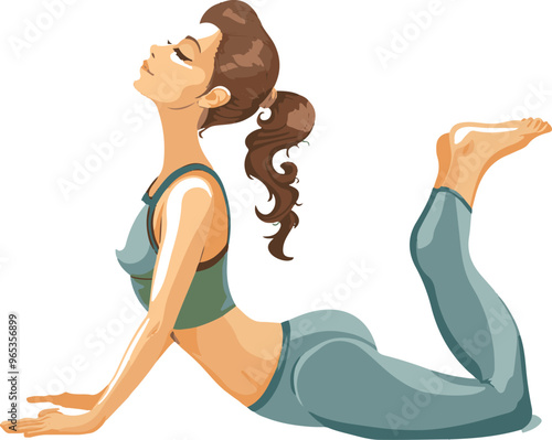 
A woman in a yoga pose doing cobra or upward dog position on a white background in a simple vector illustration in the style of clipart