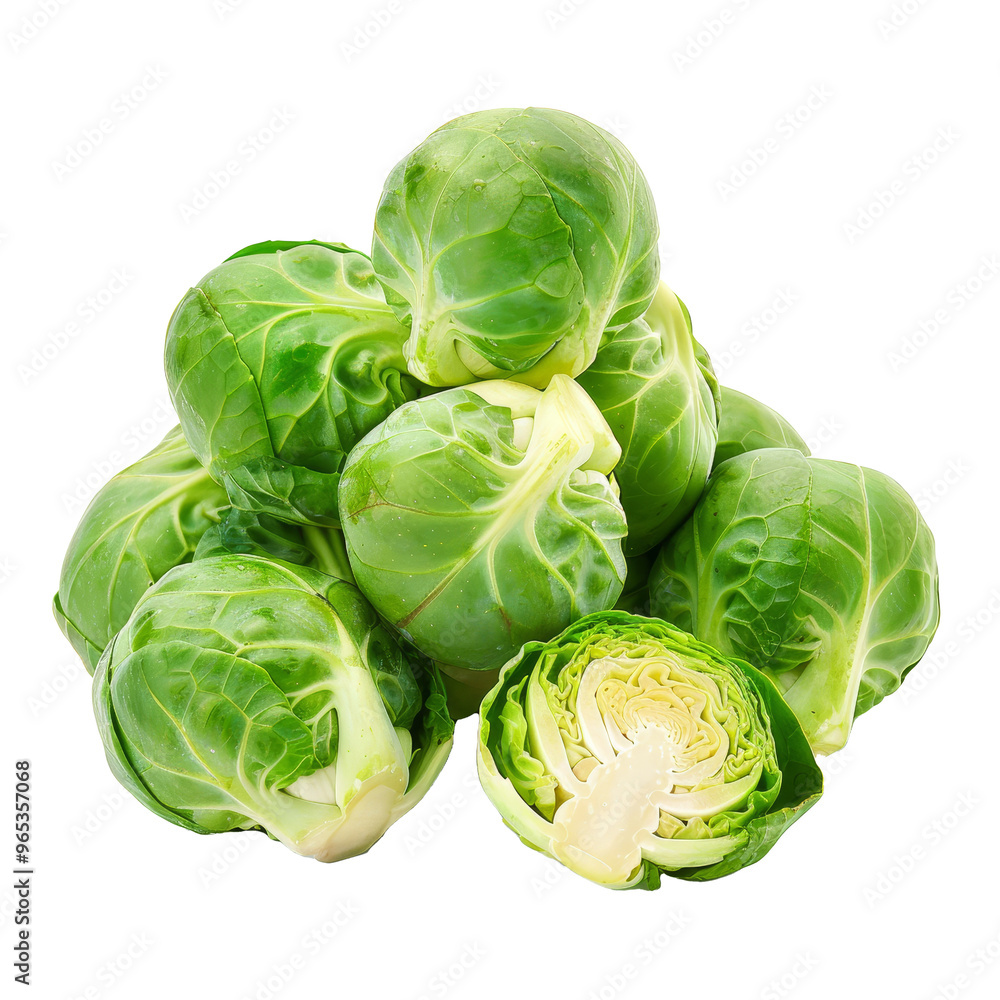 Fototapeta premium Fresh green Brussels sprouts piled together with one cut in half, showcasing their vibrant leaves and texture against a transparent background