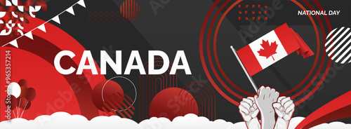 Happy Canada Day background in Canadian flag colors with abstract shapes, typography and raised fist. Perfect for posters, banners and greeting cards. Happy national holidays of Canada