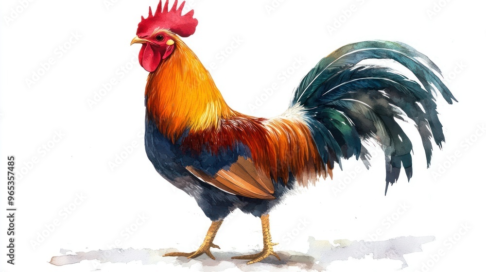 Fototapeta premium Watercolor Painting of a Rooster with a Large Tail