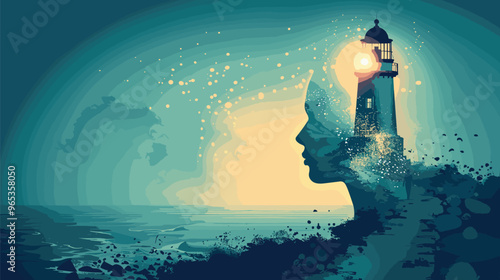 Innovative Mind Concept: Head with Lighthouse Illuminating Path to New Ideas and Insights