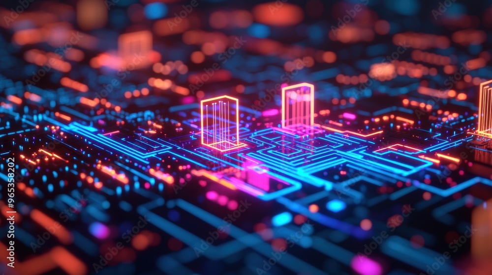 Obraz premium Futuristic Smart City Grid with Glowing Interconnected Technology Streets in Simulation