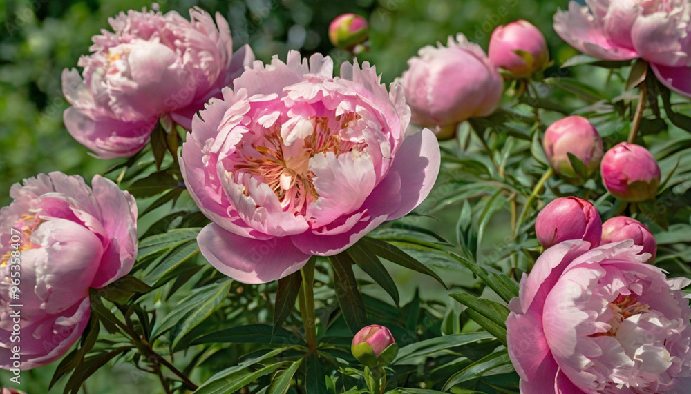 Fototapeta premium Delicate pink peony flowers bloom in a flowerbed on a summer day. Close-up.