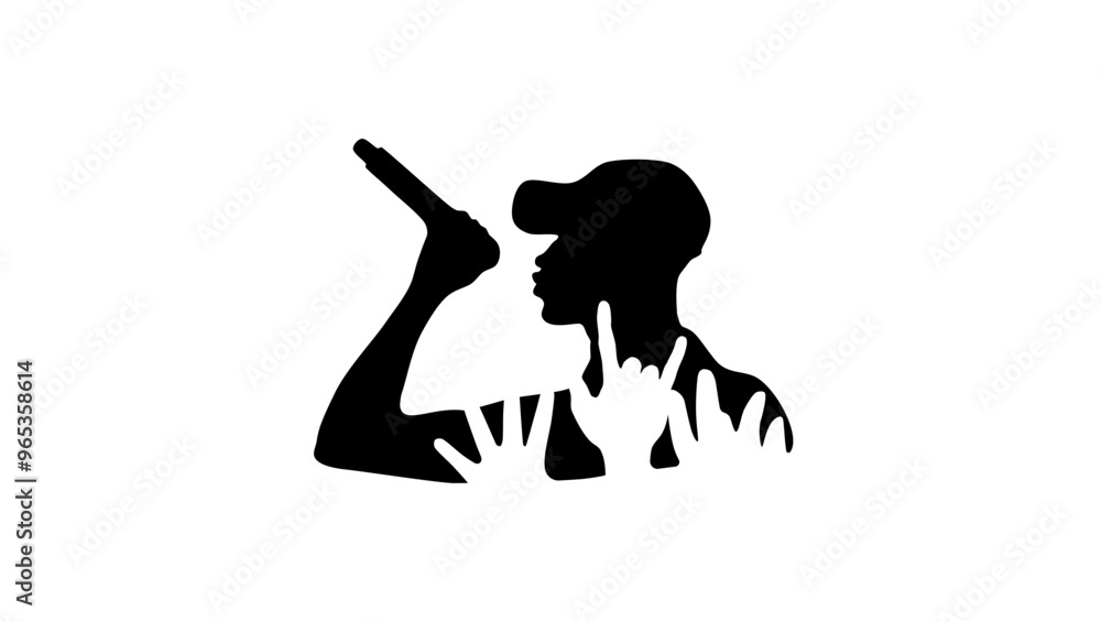 Rap and hip hop concert, afro man with microphone, black isolated silhouette Rap and hip hop concert, afro man with microphone, black isolated silhouette
