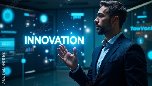 A businessman interacts with a glowing "Innovation" sign in a futuristic digital environment