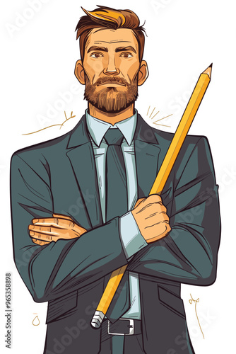 Businessman Holding Pencil, Ready to Write 2024 Business Plan with New Opportunities, Goals, Expectations, and Forecasts