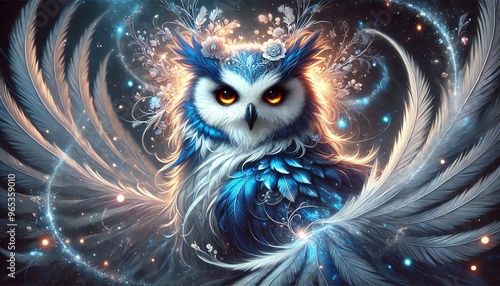 A fantasy illustration of a majestic owl with deep blue and white feathers
