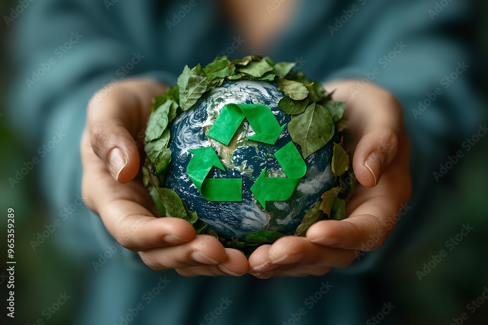 Woman holding a globe with a recycling symbol and leaves, symbolizing environmental care. Woman holding a globe with a recycling symbol and leaves, symbolizing environmental care.