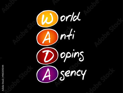 WADA World Anti Doping Agency - foundation initiated by the International Olympic Committee to promote, coordinate, and monitor the fight against drugs in sports, acronym text concept background