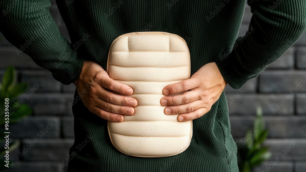 Person using a heating pad on their lower back to relieve chronic pain, heating pad for back pain, chronic pain therapy Person using a heating pad on their lower back to relieve chronic pain, heating pad for back pain, chronic pain therapy