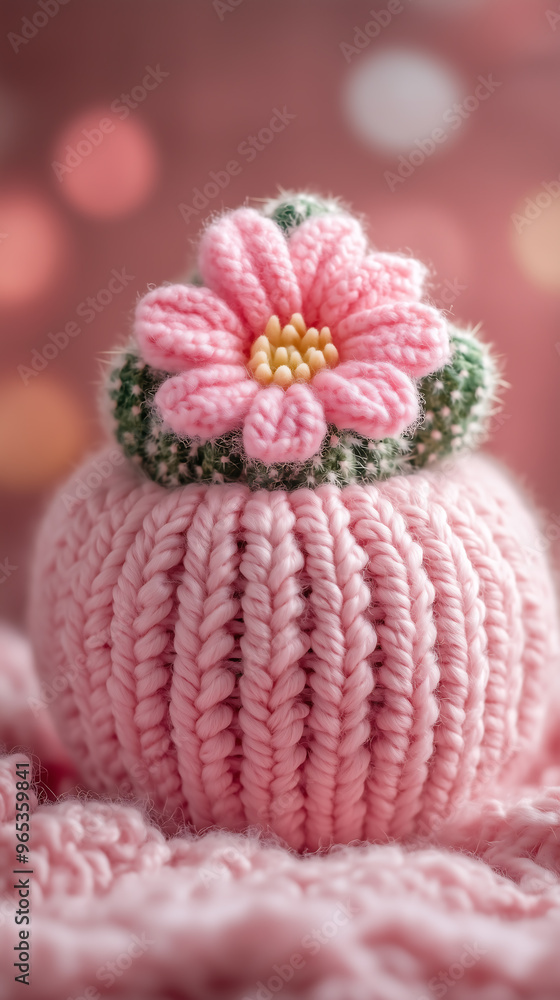 Knitted cactus plush with pink flower in a cozy setting on soft background Knitted cactus plush with pink flower in a cozy setting on soft background