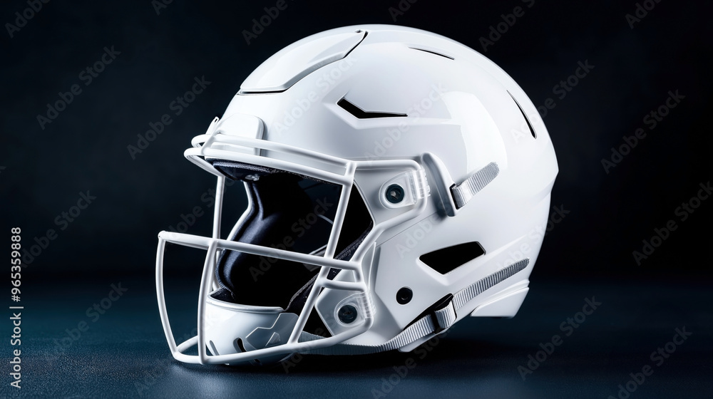 Fototapeta premium Close-up of a modern white American football helmet with a face guard, displayed against a dark background. The helmet features ventilation slots and chin strap.