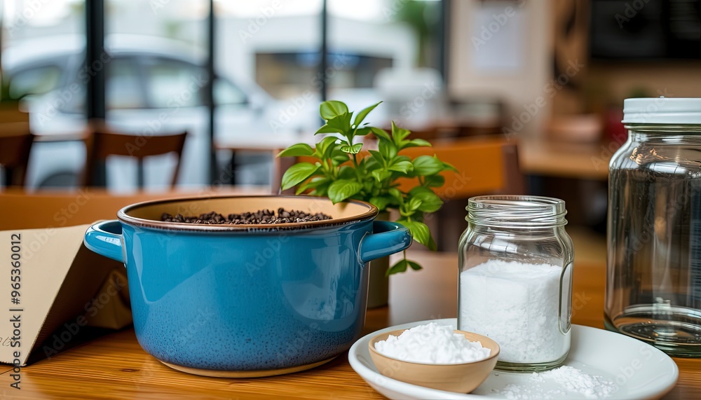 A closeup shot of a blue pot with a green plant and a jar of salt next to it at a cafe A closeup shot of a blue pot with a green plant and a jar of salt next to it at a cafe