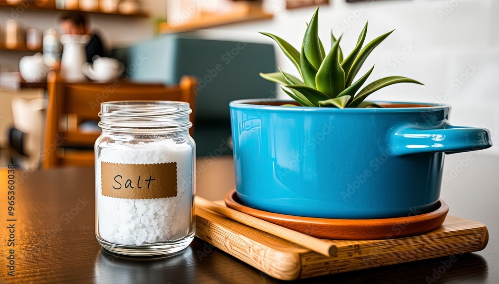 A closeup shot of a blue pot with a green plant and a jar of salt next to it at a cafe A closeup shot of a blue pot with a green plant and a jar of salt next to it at a cafe