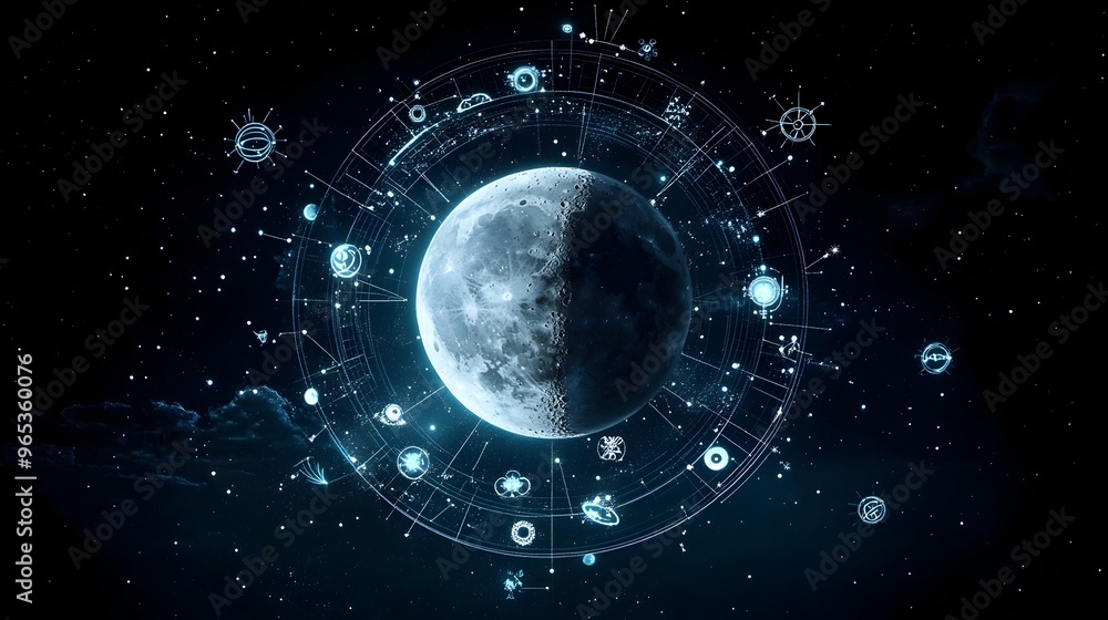 Obraz premium Celestial Moon Phases with Zodiac Symbols in Serene Night Sky Landscape