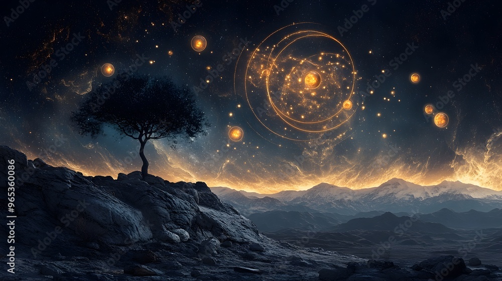 Fototapeta premium Celestial Landscape with Zodiac Planetary Alignment in the Night Sky