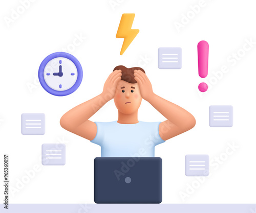 Stressed and busy man working on computer, holding head in hands, failed to meet deadline. Deadline pressure, stressful job. 3d vector people character. Cartoon minimal style.