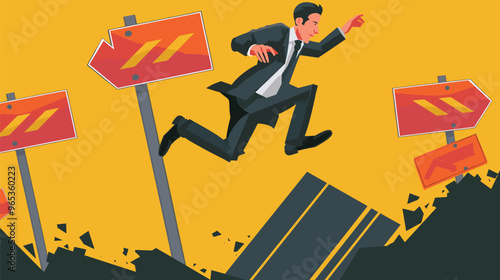 Determined Businessman Attempting High Jump Over Warning Signs: A Symbol of Breaking Free from Business Limitations