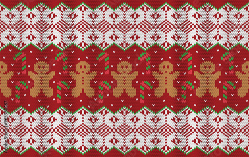 Knitted pattern seamless fabric gingerbread and snow. traditional knitted pattern Christmas cookies vector. Designed for background ,wallpaper ,clothing ,knitted pattern ,fabric ,embroidery ,textile