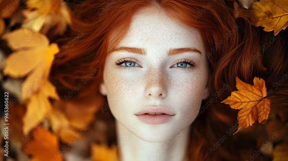 Stunning Redhead Model Autumn Leaves Portrait Closeup Beauty Stunning Redhead Model Autumn Leaves Portrait Closeup Beauty