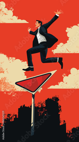 Determined Businessman Attempting High Jump Over Warning Signs: A Symbol of Breaking Free from Business Limitations