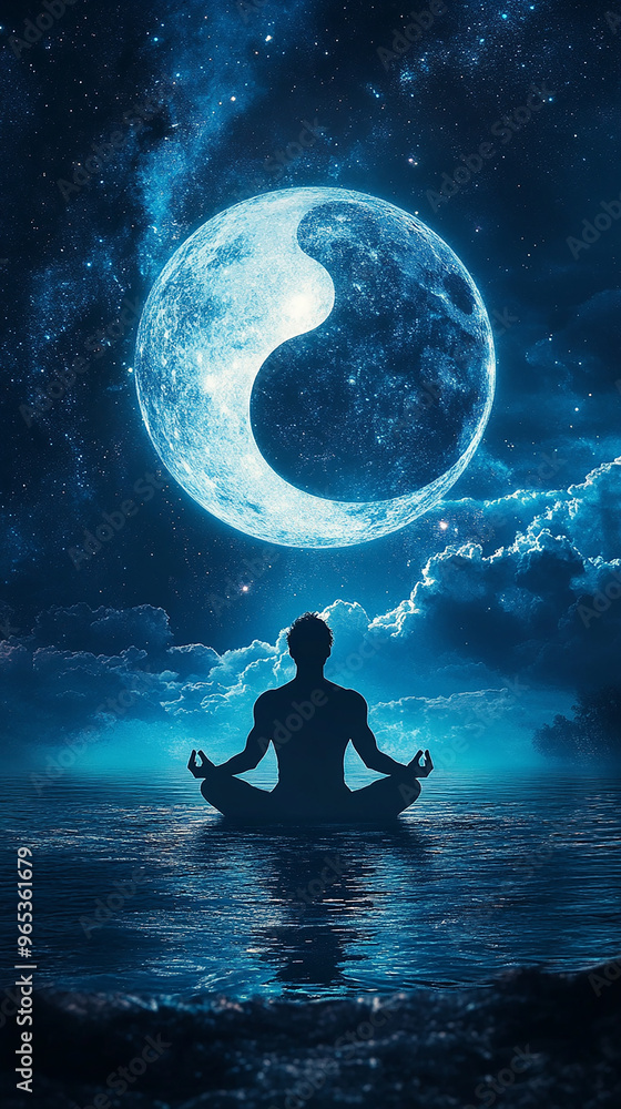 A man meditates in the middle of a pond with a night sky showing the moon and galaxy. A man meditates in the middle of a pond with a night sky showing the moon and galaxy.