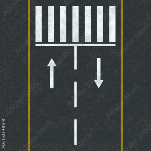 Level asphalted road with two yellow dashed white stripe and pedestrian crossing top view