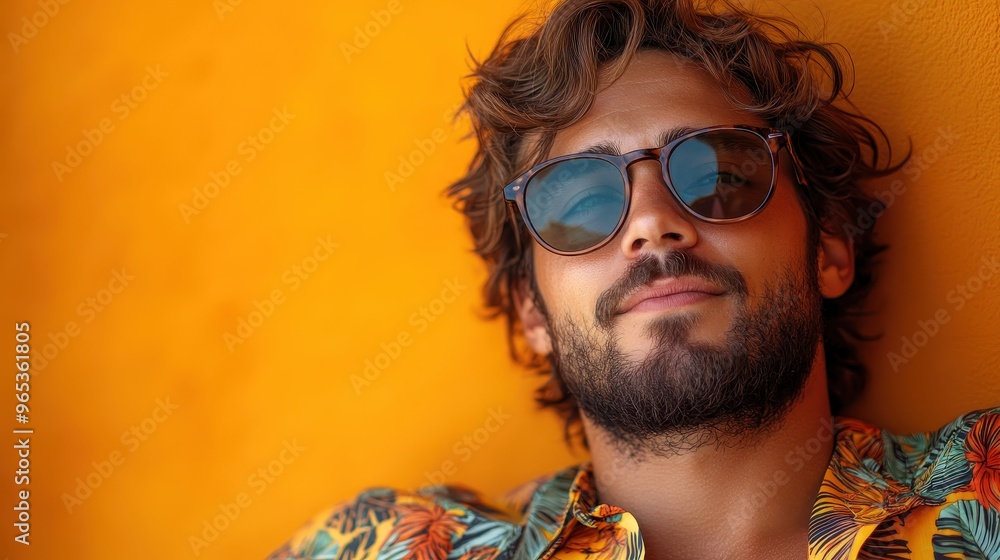 Handsome Young Man with Brown Hair and Beard Relaxing on a Sunbed in a Tropical Shirt, Isolated Against an Orange Background, Capturing the Concept of a Summer Vacation Handsome Young Man with Brown Hair and Beard Relaxing on a Sunbed in a Tropical Shirt, Isolated Against an Orange Background, Capturing the Concept of a Summer Vacation