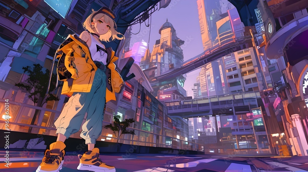 Confident Young Woman in Modern Trendy Futuristic Streetwear Setting Confident Young Woman in Modern Trendy Futuristic Streetwear Setting
