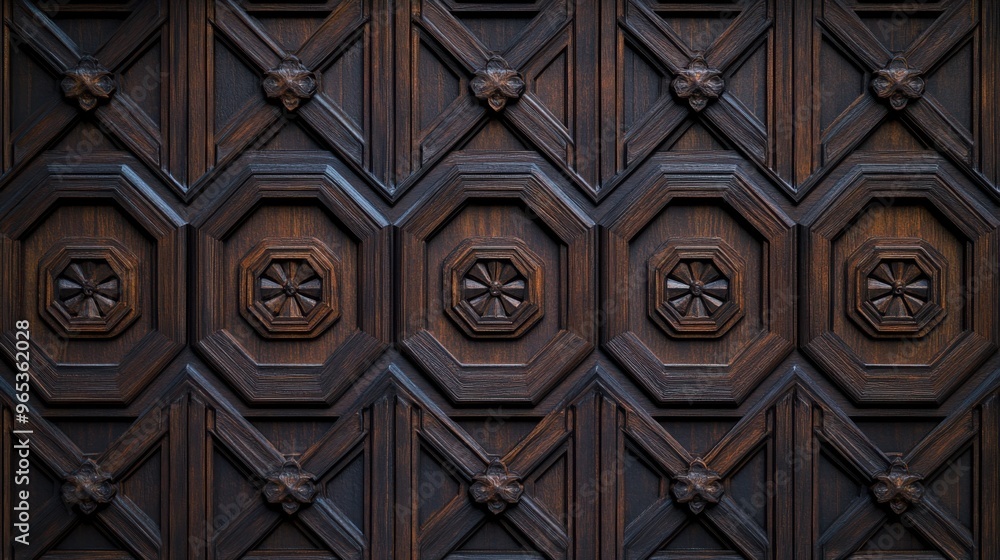 Elegant Geometric Patterns in Dark Wood - Intricate Carved Wooden Wall Background Design