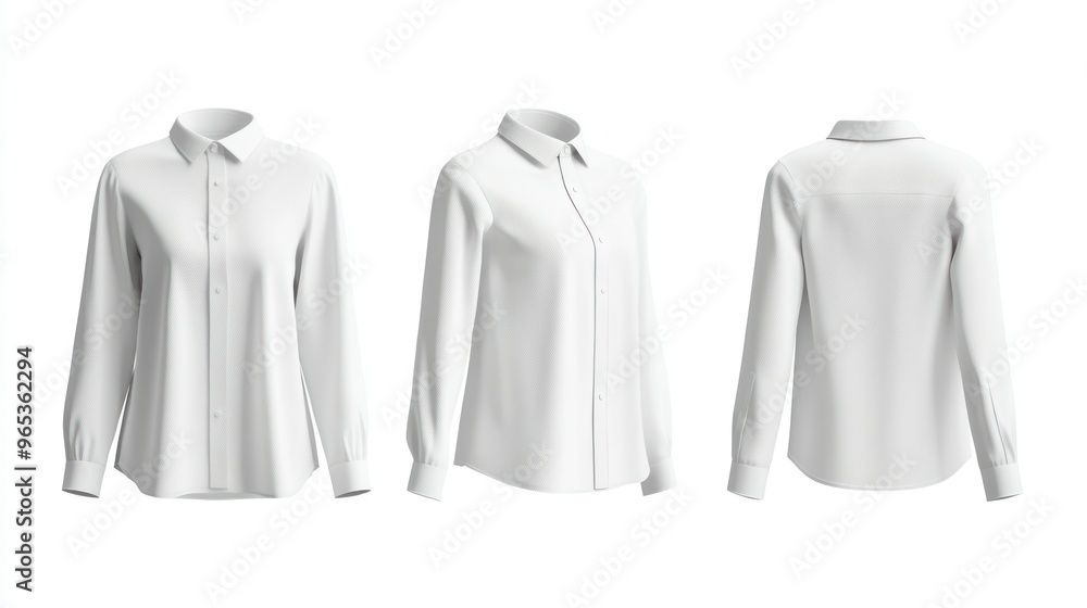 White long-sleeved button-down shirt mockup in three views White long-sleeved button-down shirt mockup in three views