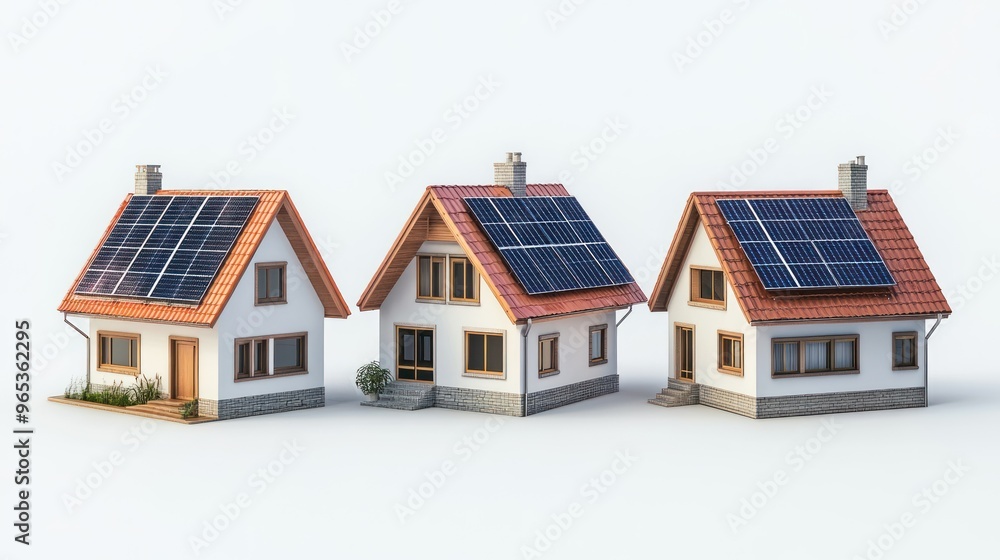 Three Houses with Solar Panels on Rooftops Three Houses with Solar Panels on Rooftops