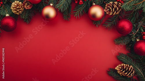 flat lay with pine tree branches with red and golden christmas balls isolated on red