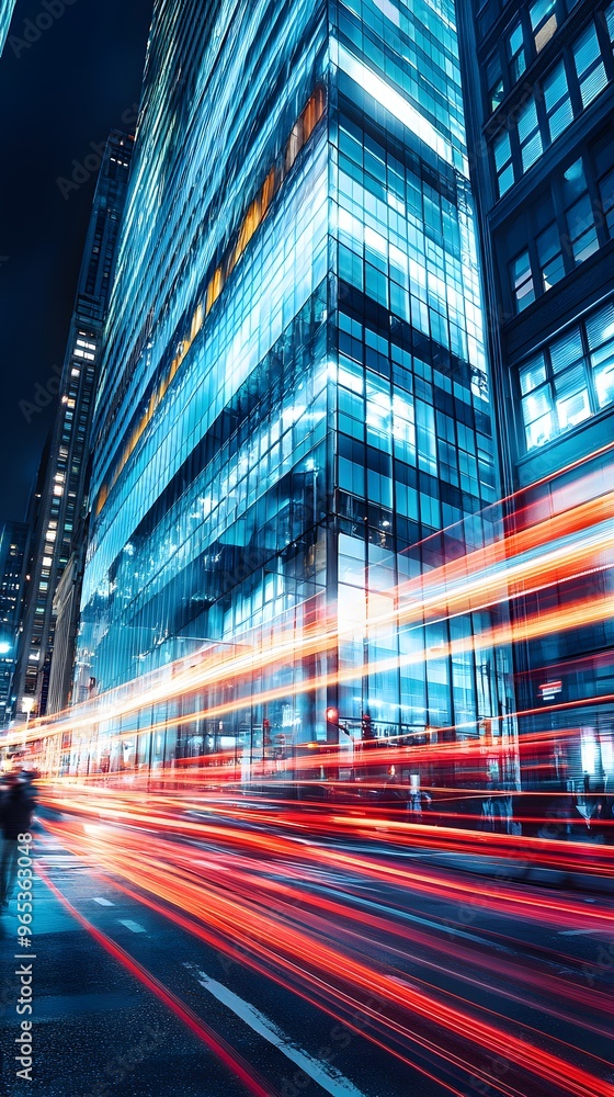 Obraz premium Urban Night Scene with Glass Facade and Light Trails