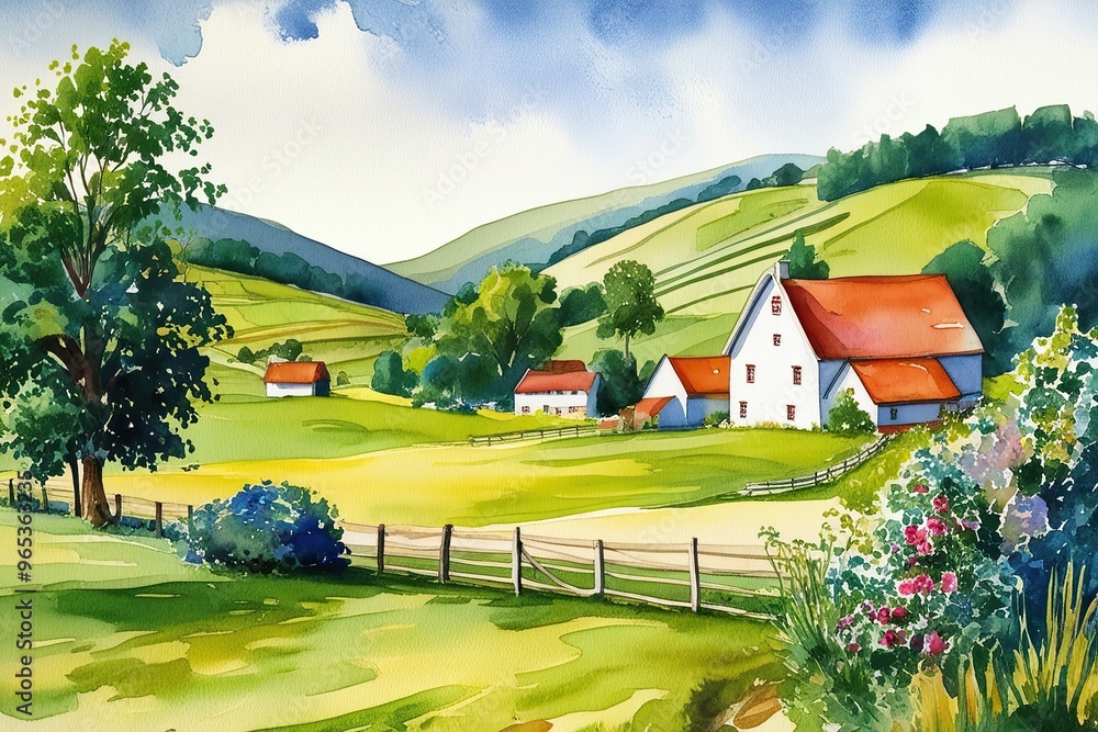 Obraz premium Charming Countryside Landscape Wallpaper Design in Watercolor