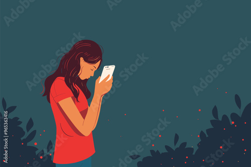 Depressed Young Woman Standing Near Mobile Phone, Experiencing Cyber Bullying, Negative Comments, and Hate on Social Media